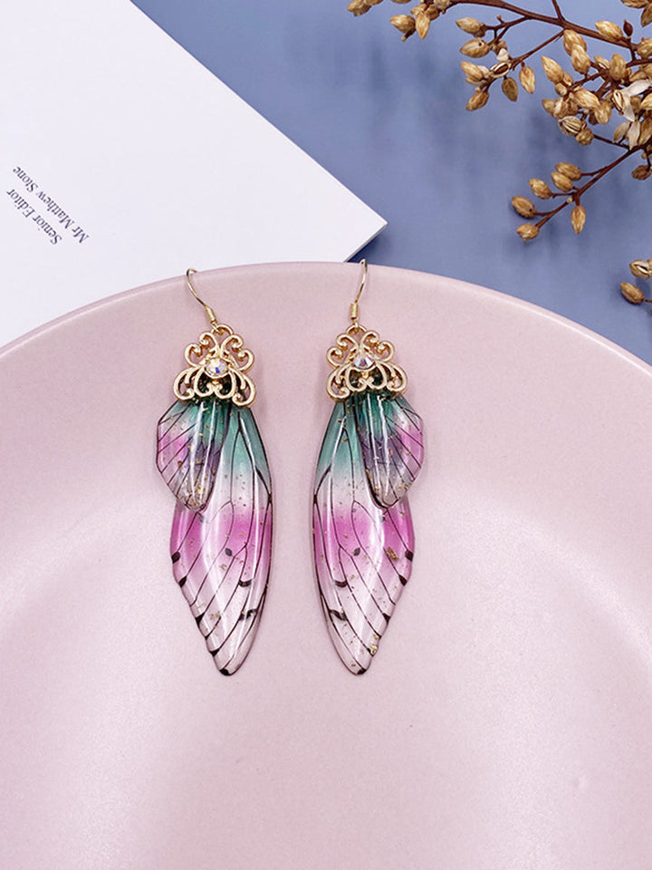 ปีกผีเสื้อ Rhinestone สีรุ้ง Cicada Wing ต่างหูคริสตัล