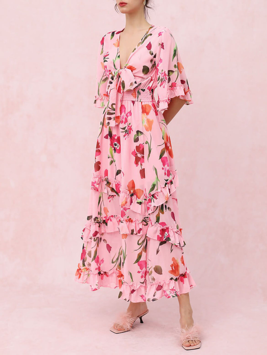 Summer Sweet Holiday Floral Tie Front V Neck Midi Dress