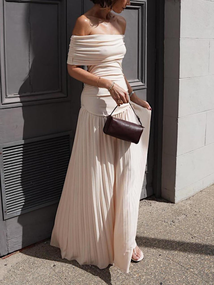 Elegant sexet off-the-shoulder plisseret lang kjole