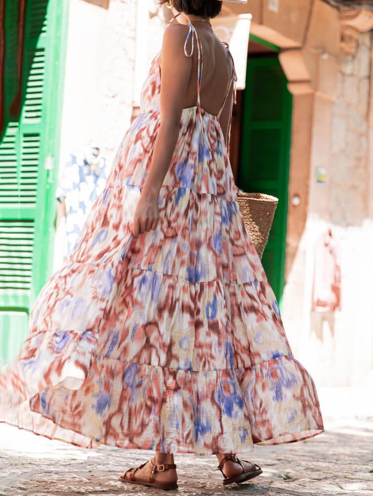 Μίντι φόρεμα αδυνατίσματος για διακοπές casual loose Tie-Dye Floral V-λαιμόκοψη στη μέση