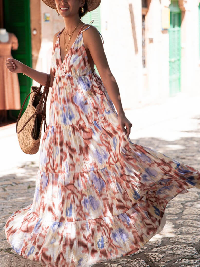 Μίντι φόρεμα αδυνατίσματος για διακοπές casual loose Tie-Dye Floral V-λαιμόκοψη στη μέση