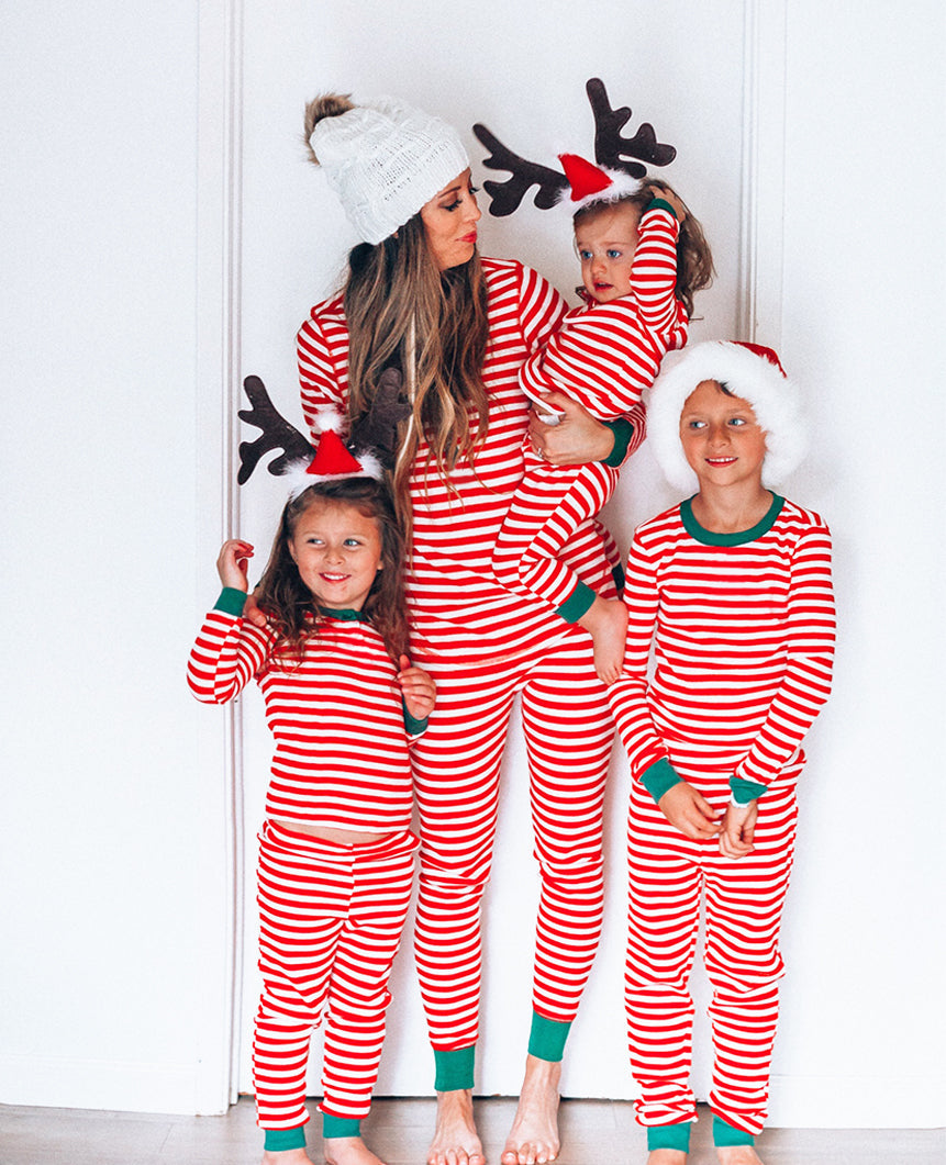 Red and White Striped Green Collar Family Matching Pajamas Set