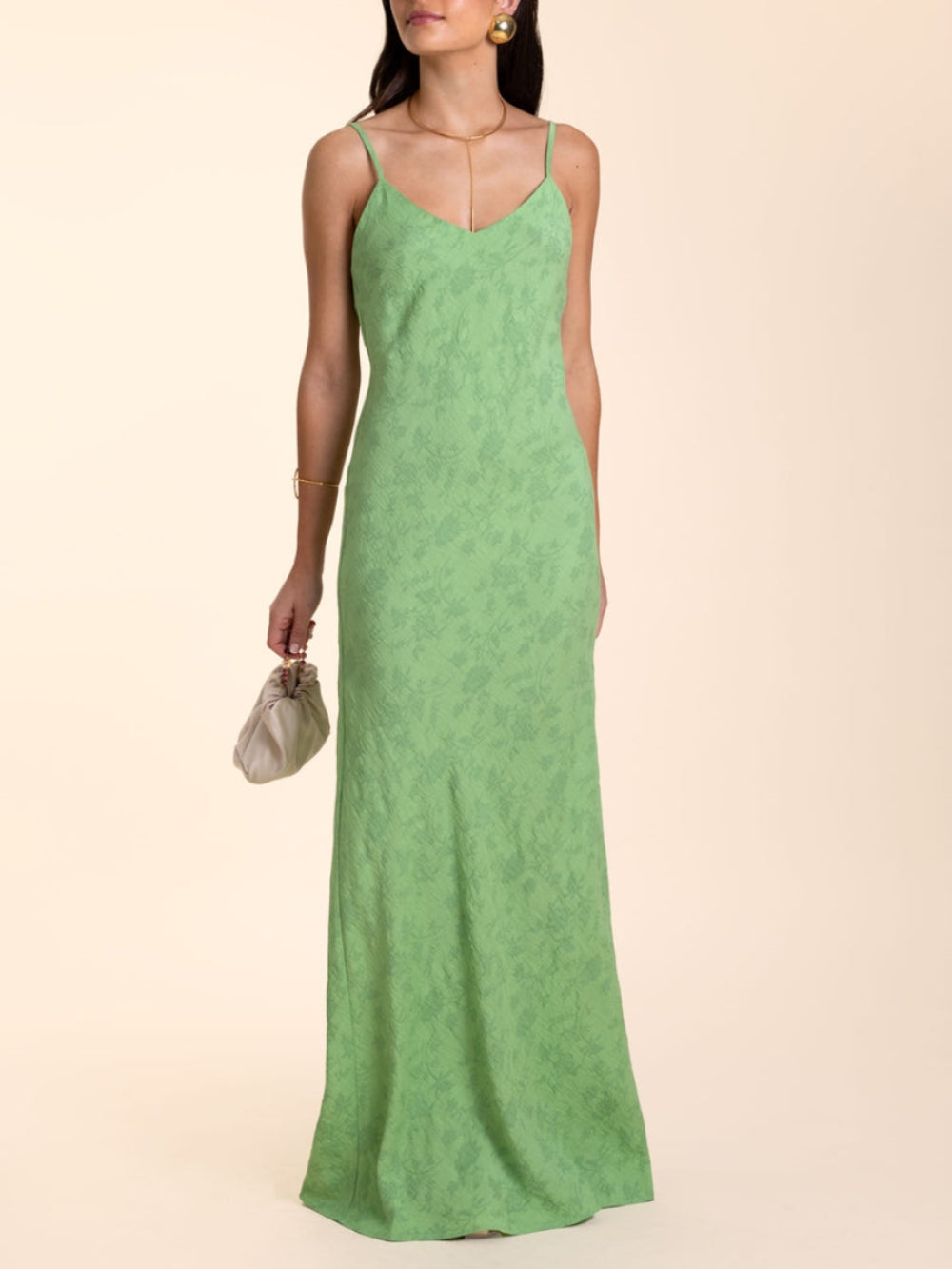 Elegante limoengroene jacquard maxi-jurk met V-hals