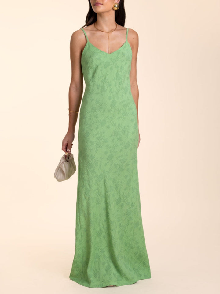 Elegante vestido maxi jacquard verde limão com decote em V