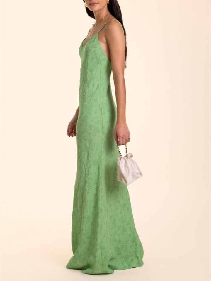 Elegant limegrön jacquard v-ringad maxiklänning