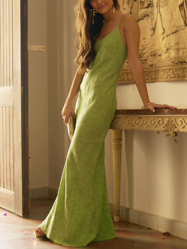 Elegante vestido maxi jacquard verde limão com decote em V