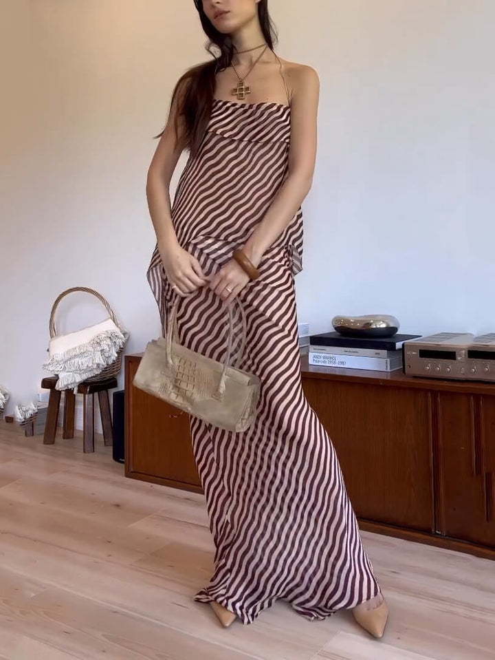 Pruhovaná sexy Slim Fit ohlávka Top a sukně, dvoudílná sada